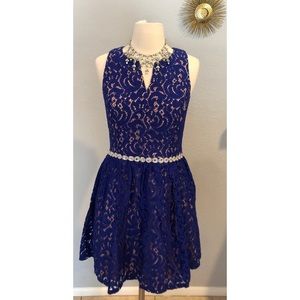 Royal Blue & Nude Lace Dress w/ embellish belt